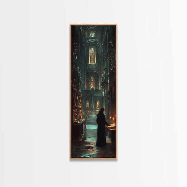 Robed Scholar In Gothic Cathedral Library Wall Art, Dark Academia Decor, Moody Fantasy Print, Candlelit Office Wall Decor
