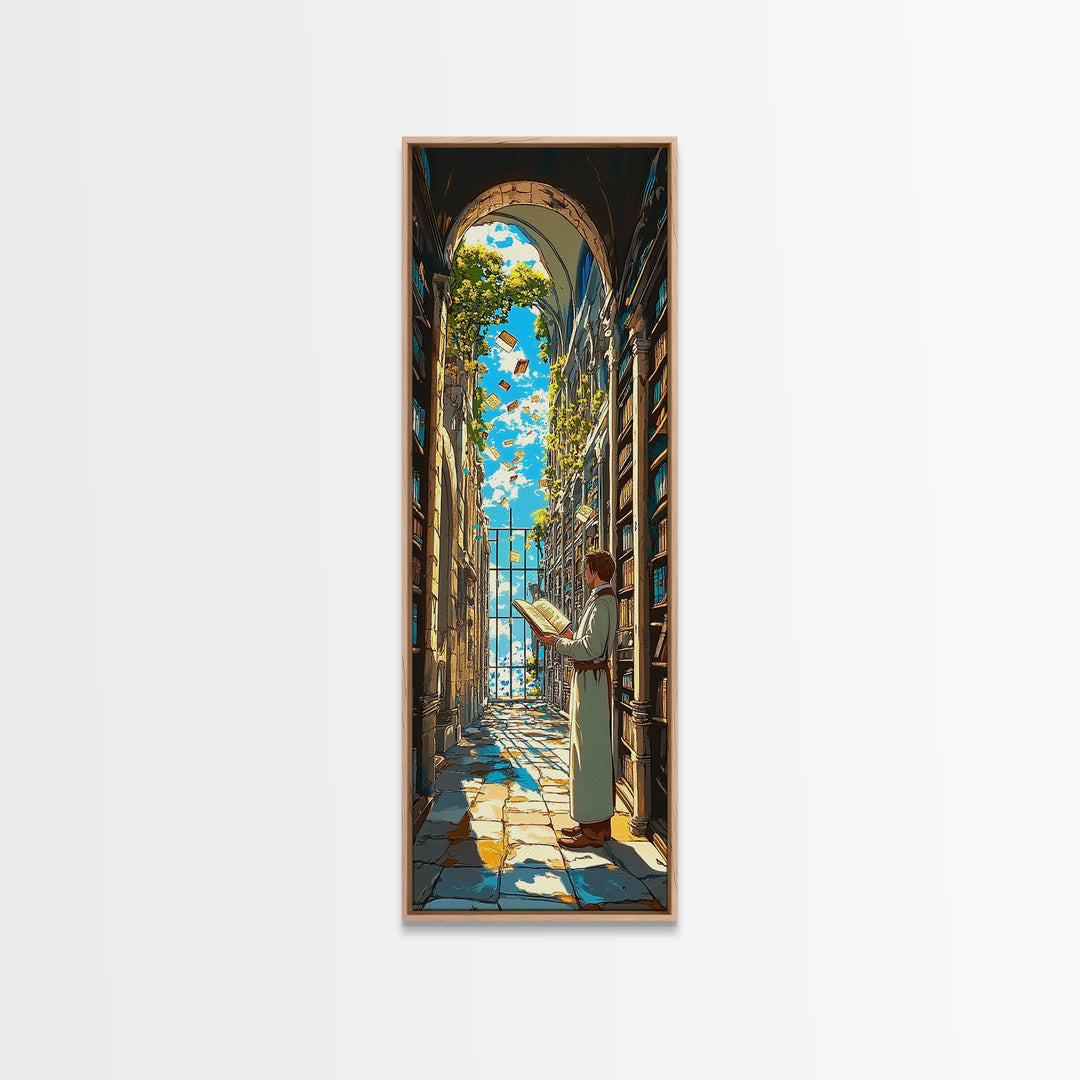 Sunlit Scholar Reading In Arched Library Framed Canvas Print, Book Lover Wall Art, Academia Decor, Literary Gift For Her