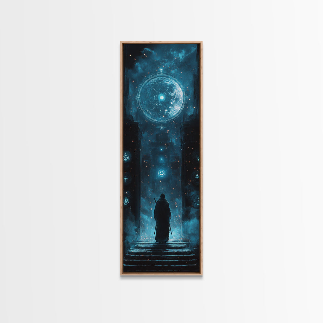 Lone Figure Before Glowing Cosmic Portal Canvas Print, Sci Fi Wall Art, Cyberpunk Decor, Futuristic Space Art For Gaming Room