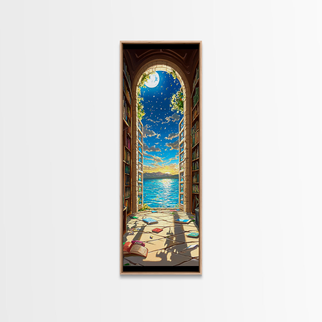 Moonlit Library Arch With Ocean View Framed Canvas Print, Book Lover Wall Art, Coastal Decor, Reading Nook Art For Cozy Home Decor