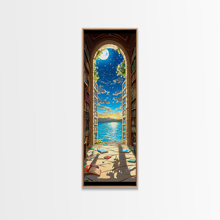 Moonlit Library Arch With Ocean View Framed Canvas Print, Book Lover Wall Art, Coastal Decor, Reading Nook Art For Cozy Home Decor
