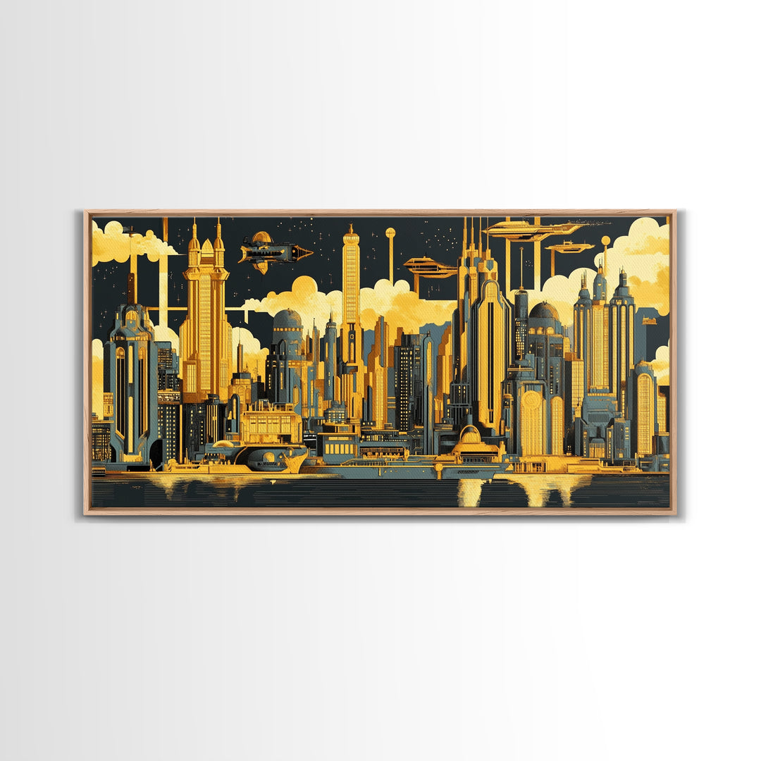 Golden Futuristic Skyline With Airships Canvas Print, Sci Fi Cityscape Wall Art, Modern Office Decor, Large Statement Artwork