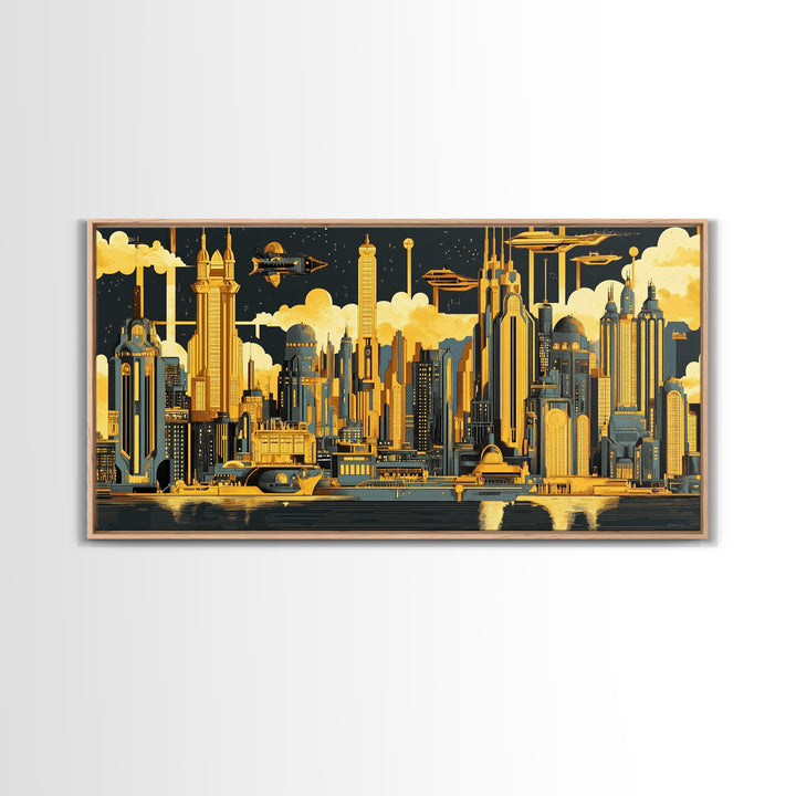 Golden Futuristic Skyline With Airships Canvas Print, Sci Fi Cityscape Wall Art, Modern Office Decor, Large Statement Artwork