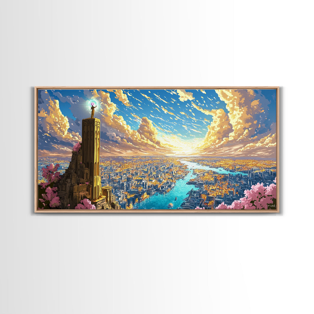 Sunset Tower Above Radiant River City Framed Canvas Print, Fantasy Wall Art, Colorful Landscape, Living Room Decor Gift Idea