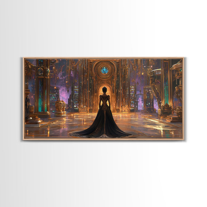Gothic Woman In Ornate Crystal Hall Canvas Print, Dark Fantasy Wall Art, Moody Gothic Decor, Elegant Statement Artwork Gift