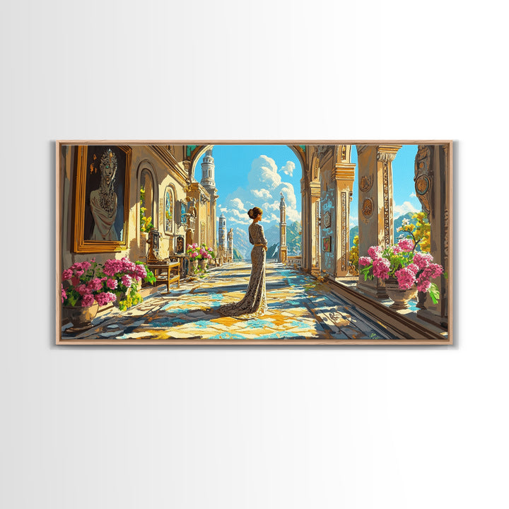 Elegant Woman In Sunlit Palace Corridor Canvas Print, Mediterranean Wall Art, Floral Decor, European Living Room Artwork Gift