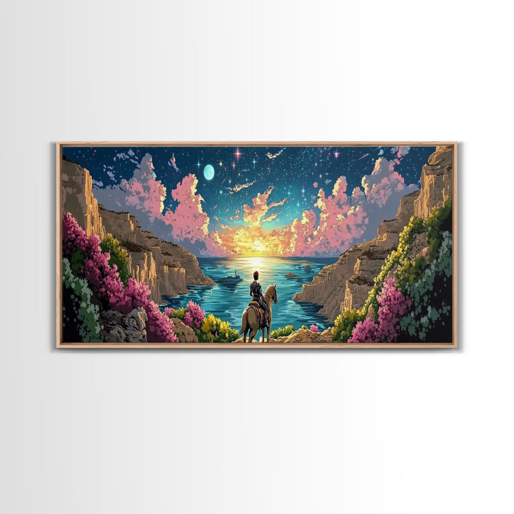 Moonlit Coastal Canyon Horse Ride Canvas Print, Fantasy Landscape Wall Art, Romantic Beach House Decor, Whimsical Gift For Her