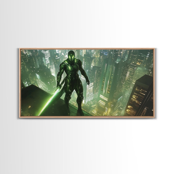 Green Cyber Warrior On Futuristic Rooftop Canvas Print, Modern Cyberpunk Wall Art, Sci Fi Gaming Room Decor, Gift For Him