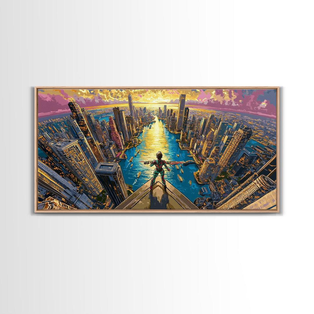Daring Hero Above Golden Future City Framed Canvas Print, Cyberpunk Wall Art, Anime Sci Fi Decor, Large Statement Artwork
