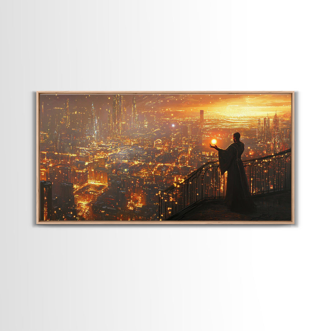 Robed Figure Holding Glowing Orb Over Dystopian City Canvas Print, Futuristic Wall Art, Golden Sci Fi Office Decor, Gift For Him
