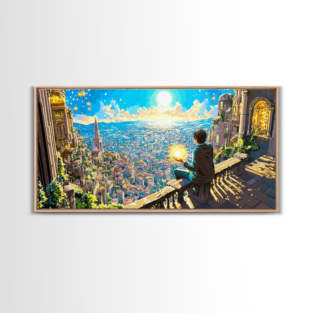 Boy With Glowing Orb Above Sunlit Fantasy City Canvas Print, Whimsical Wall Art, Magical Living Room Home Decor, Gift For Her