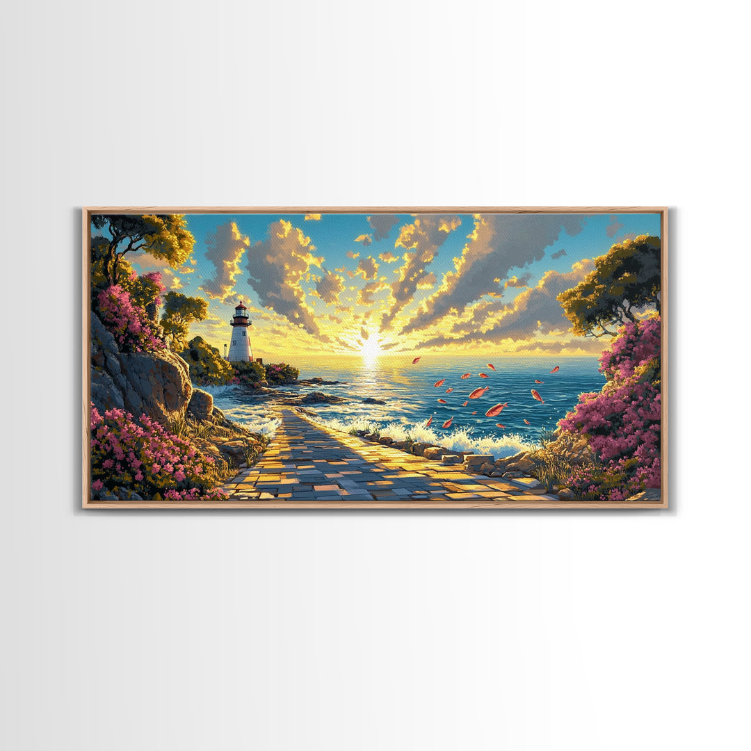Sunlit Lighthouse Path At Golden Ocean Sunset Wall Art, Coastal Canvas Wall Art, Beach House Decor, Seascape Print, Living Room Decor