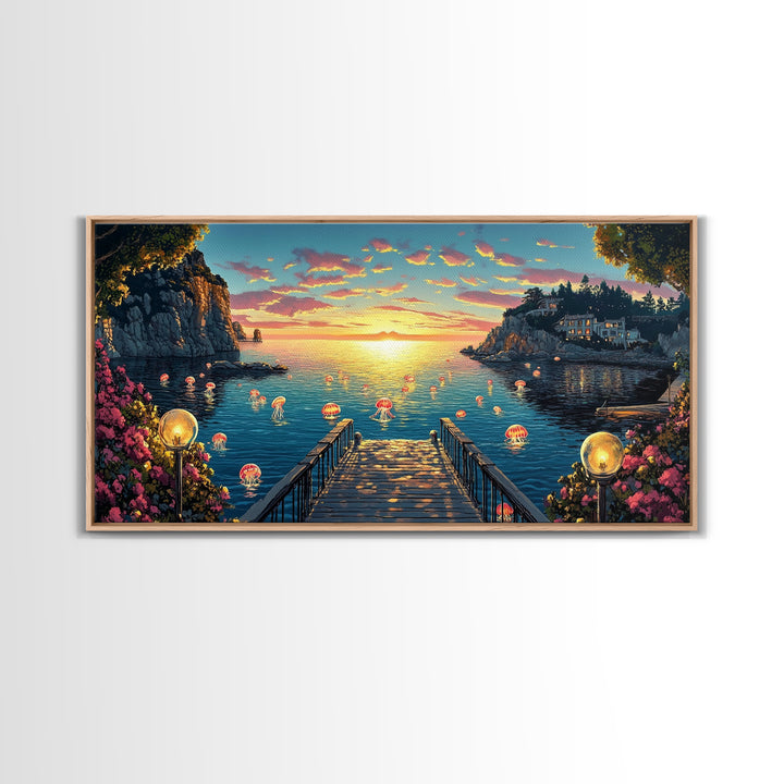 Glowing Jellyfish Cove At Sunset Canvas Print, Whimsical Coastal Wall Art, Ocean Decor, Beach House Living Room Decor, Fantasy Art