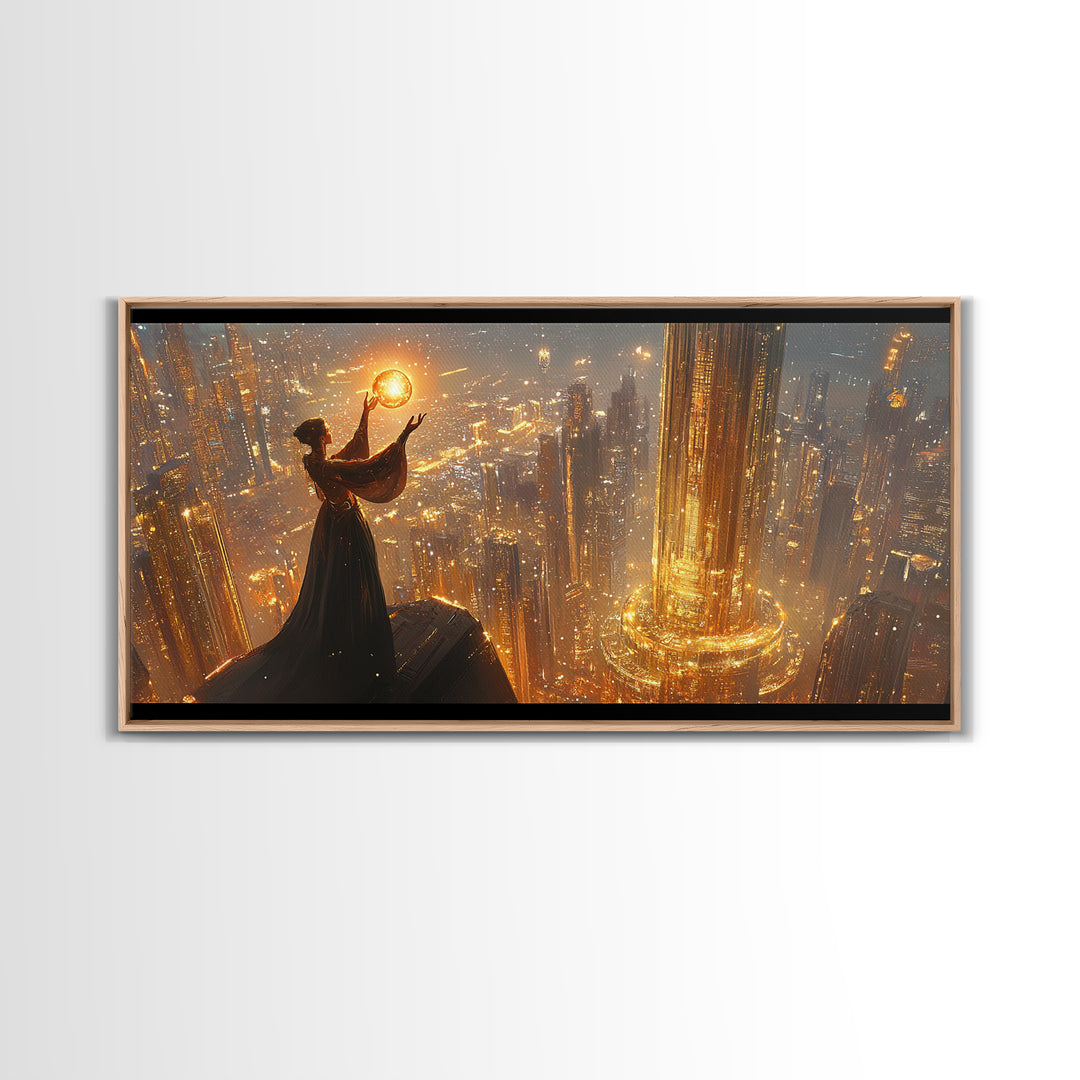 Elegant Woman Holding A Golden Orb Framed Canvas Print, Futuristic Wall Art, Sci Fi Decor, Luxury Office Statement Artwork