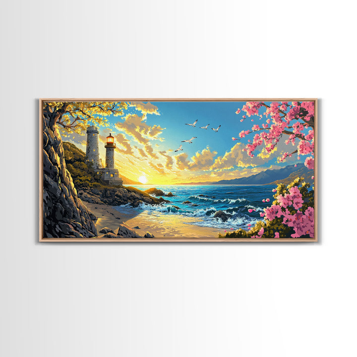 Twin Lighthouses With Cherry Blossoms At Sunrise Canvas Print, Coastal Wall Art, Beach House Decor, Nautical Living Room Art
