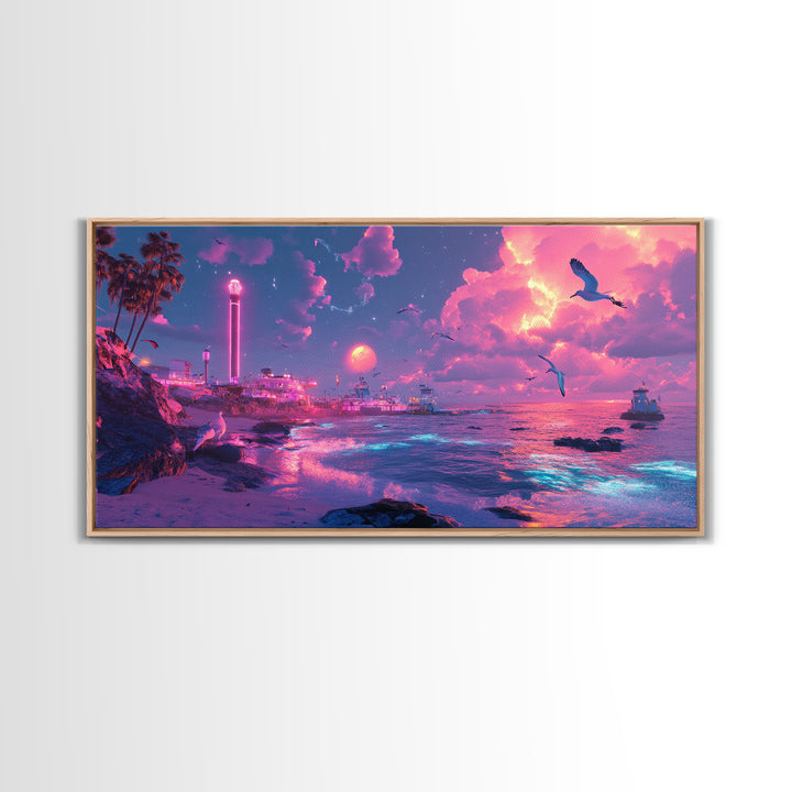 Neon Pink Coastal City At Moonlit Sunset Canvas Print, Vaporwave Wall Art, Futuristic Beach Decor, Gaming Room Poster Print