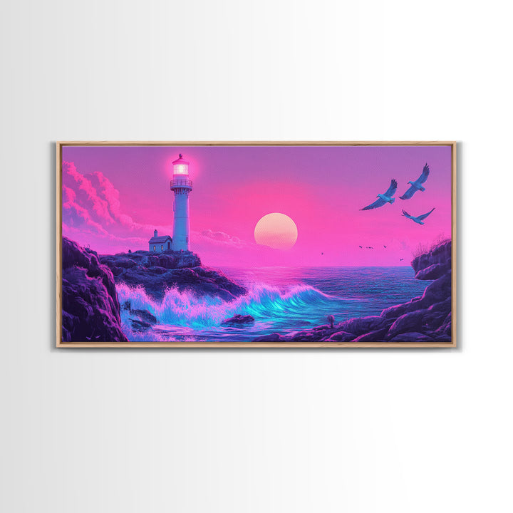 Pink Lighthouse Sunset With Turquoise Waves Framed Canvas Print, Coastal Wall Art, Vaporwave Beach Decor, Ocean Poster Print