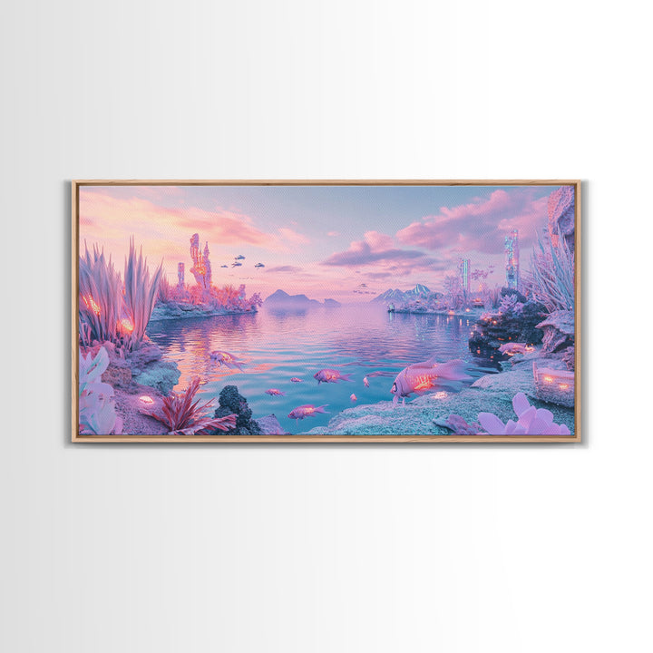 Pastel Alien Crystal Shore With Glowing Wildlife Wall Art, Fantasy Landscape Print, Sci Fi Decor, Dreamy Nursery Wall Art