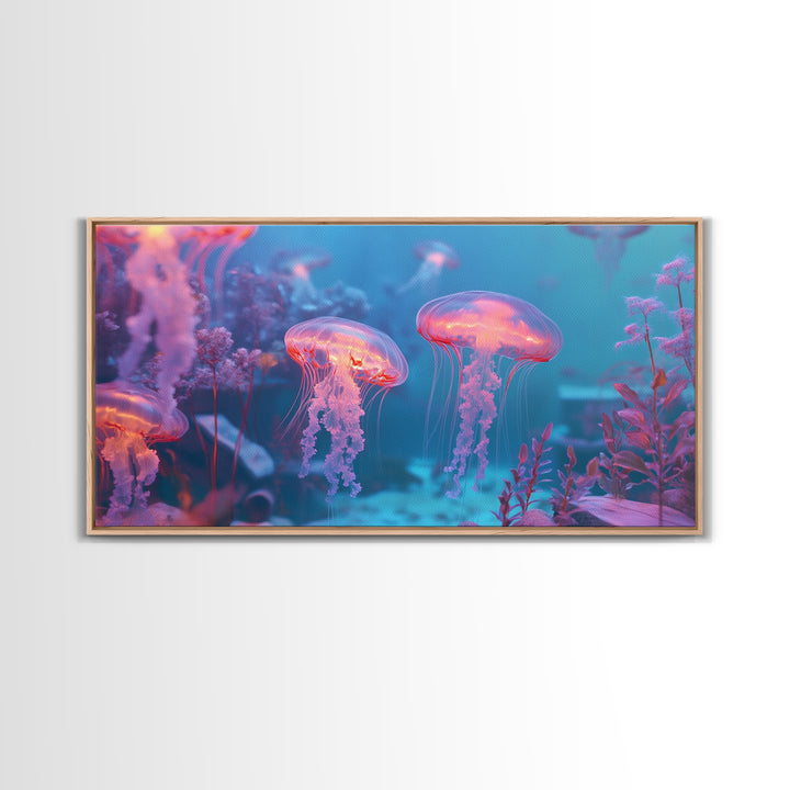 Glowing Jellyfish Garden Under Turquoise Sea Canvas Print, Underwater Wall Art, Ocean Decor, Marine Life Nursery Art Print
