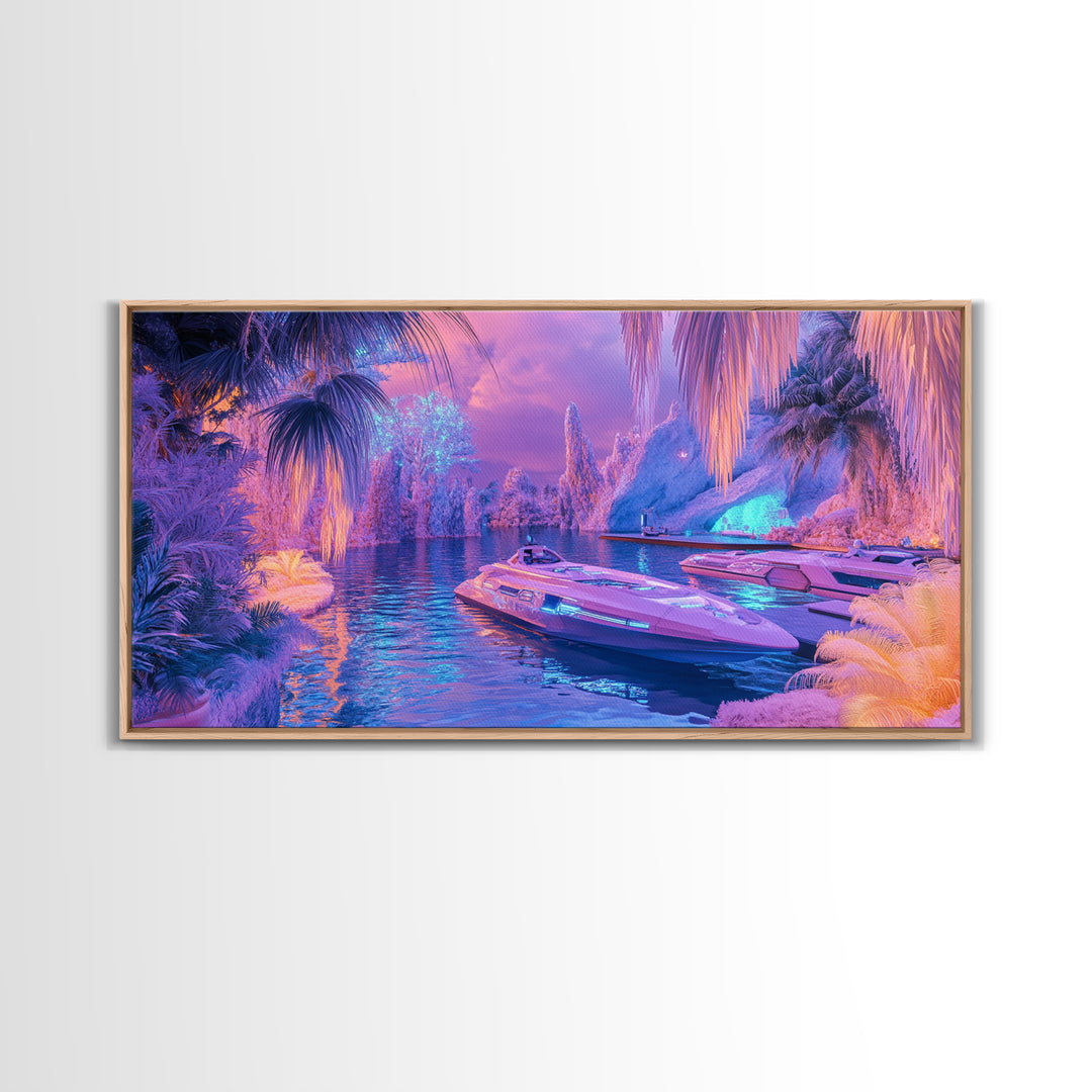 Neon Tropical Lagoon Canvas Print, Futuristic Palm Boat Wall Art, Dopamine Decor, Gaming Room Decor, Vibrant Coastal Art