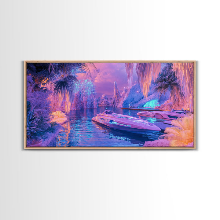Neon Tropical Lagoon Canvas Print, Futuristic Palm Boat Wall Art, Dopamine Decor, Gaming Room Decor, Vibrant Coastal Art
