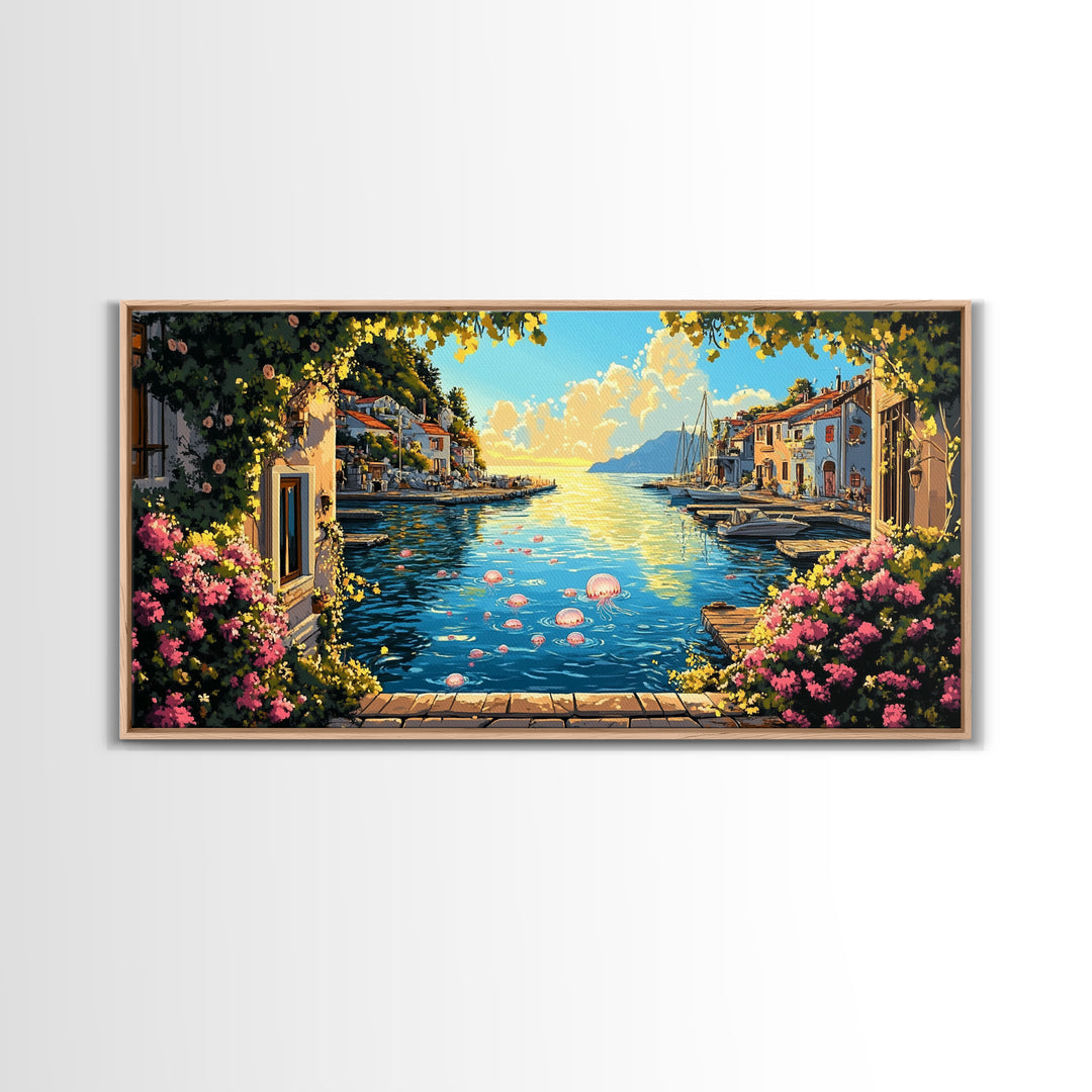 Mediterranean Flower Harbor Wall Art, Sunny Coastal Village Canvas Print, Lake Como Decor, Living Room Wall Art Gift For Her