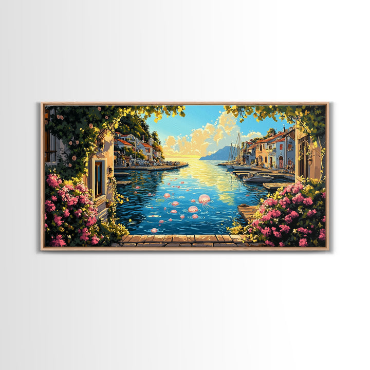 Mediterranean Flower Harbor Wall Art, Sunny Coastal Village Canvas Print, Lake Como Decor, Living Room Wall Art Gift For Her