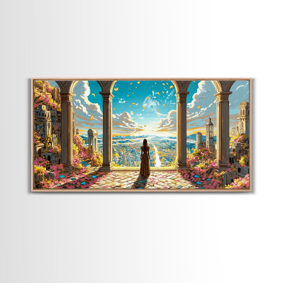 Arched Terrace Fantasy City Wall Art, Woman Over Sunlit Kingdom Framed Canvas Print, Maximalist Decor, Statement Artwork