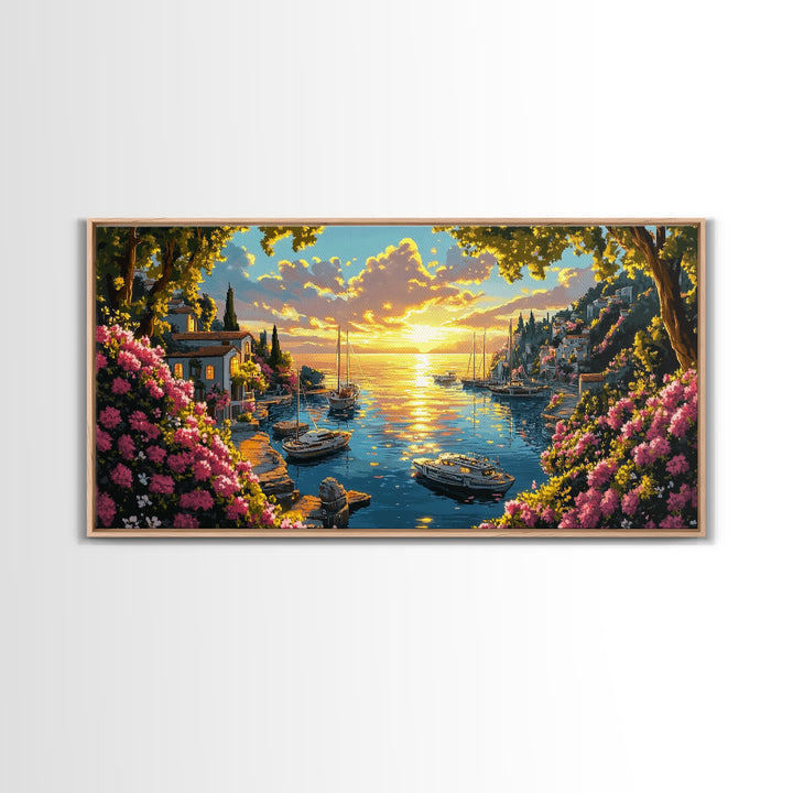 Golden Amalfi Harbor Sunset Wall Art, Coastal Village Seascape Canvas Print, Mediterranean Decor, Above Sofa Wall Art Gift