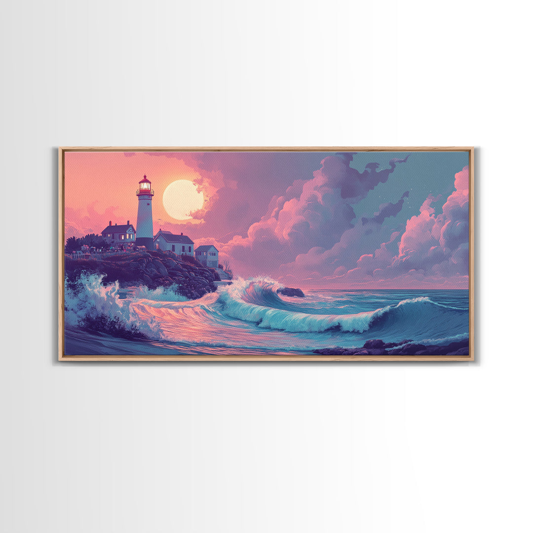 Pastel Moon Lighthouse Wave Wall Art, Dreamy Coastal Seascape Canvas Print, Beach House Decor, Pink Ocean Wall Art Gift For Her