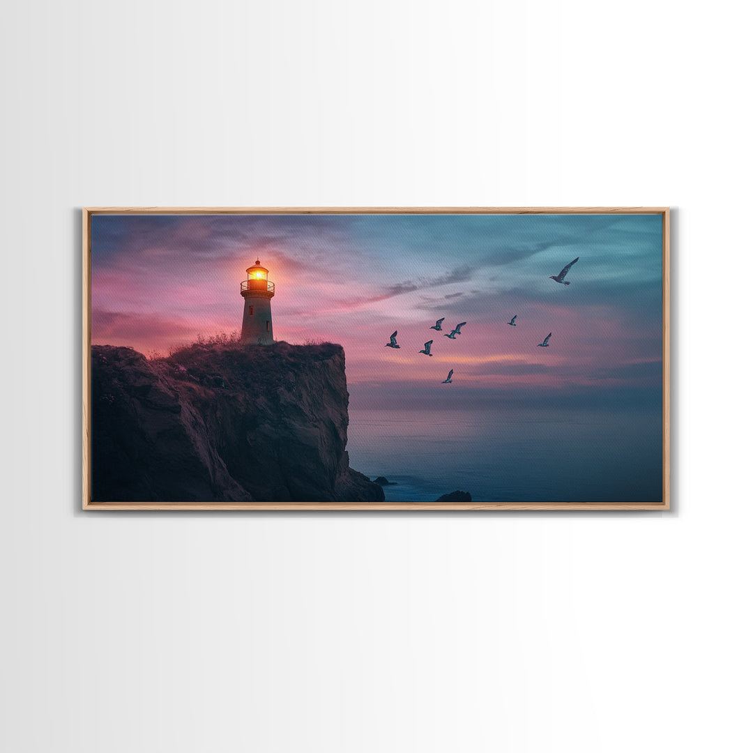 Twilight Lighthouse Cliff Wall Art, Moody Ocean Seascape Canvas Print, Nautical Office Decor, Coastal Wall Art Gift For Him