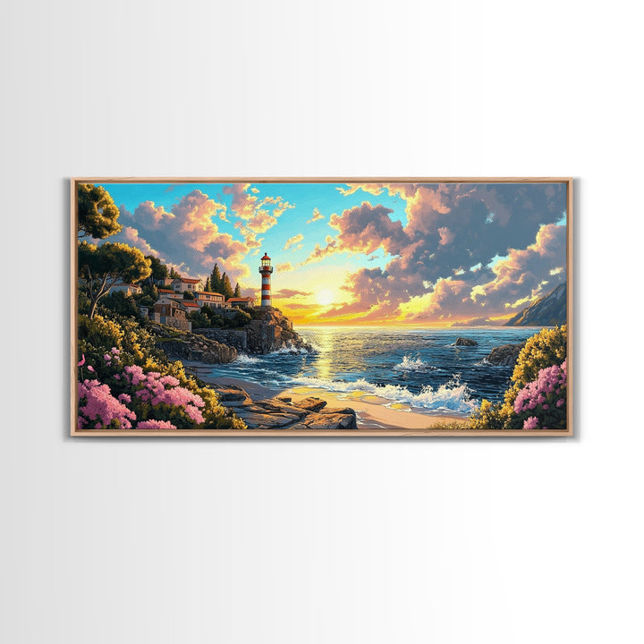 Striped Lighthouse Village At Golden Sunset Framed Canvas Print, Coastal Wall Art, Ocean Painting, Beach House Decor Gift