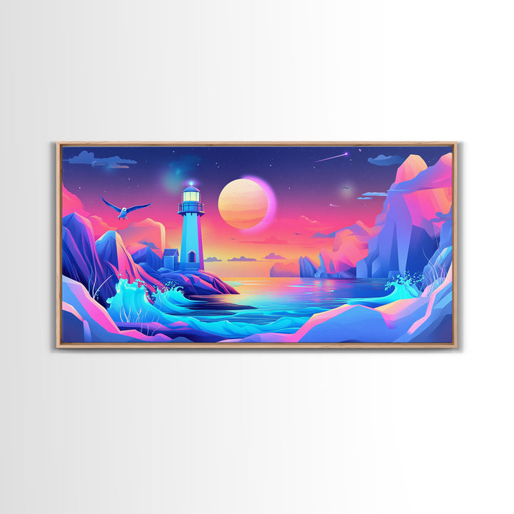 Neon Iceberg Lighthouse Under Giant Moon Canvas Print, Futuristic Wall Art, Cyberpunk Decor, Sci Fi Ocean Landscape Poster