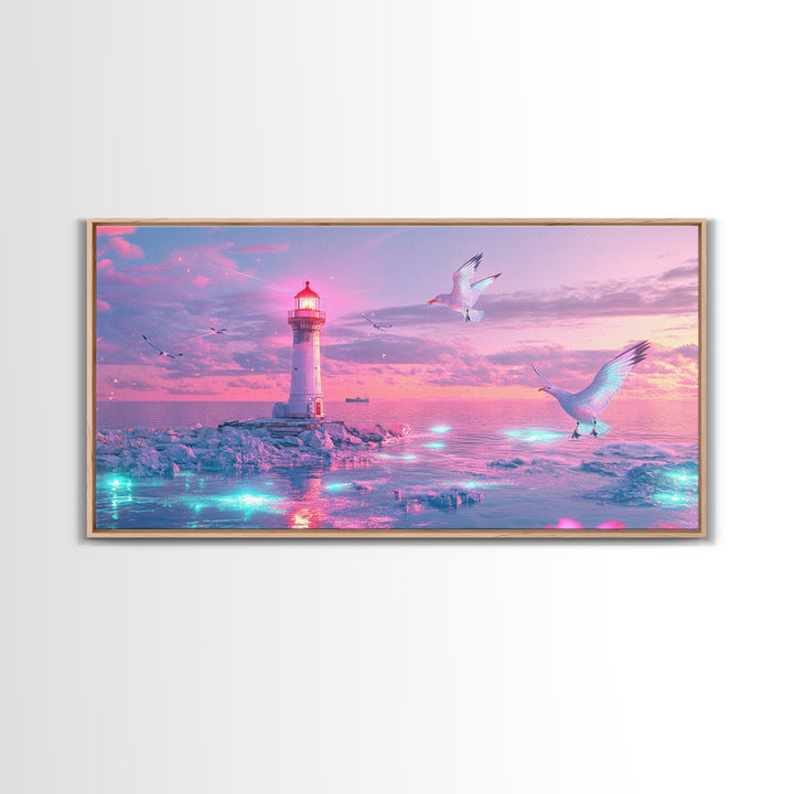 Pastel Pink Lighthouse On Glowing Sea Canvas Print, Coastal Wall Art, Dreamy Seascape, Beach Decor For Bedroom Wall Decor
