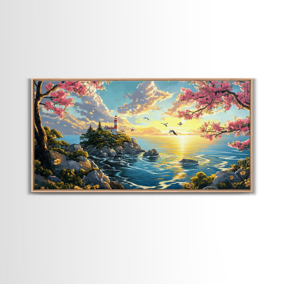 Cherry Blossom Lighthouse Over Golden Sea Framed Canvas Print, Coastal Wall Art, Spring Decor, Ocean Landscape Art Gift Idea