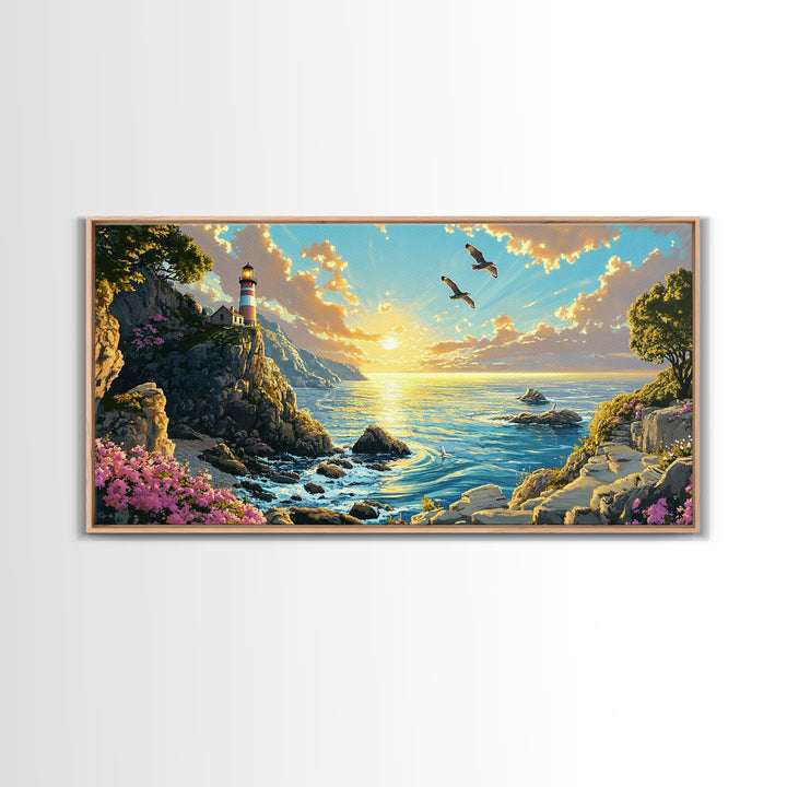 Clifftop Lighthouse Path With Seagulls Framed Canvas Print, Coastal Wall Art, Panoramic Ocean Art, Beach House Decor Gift