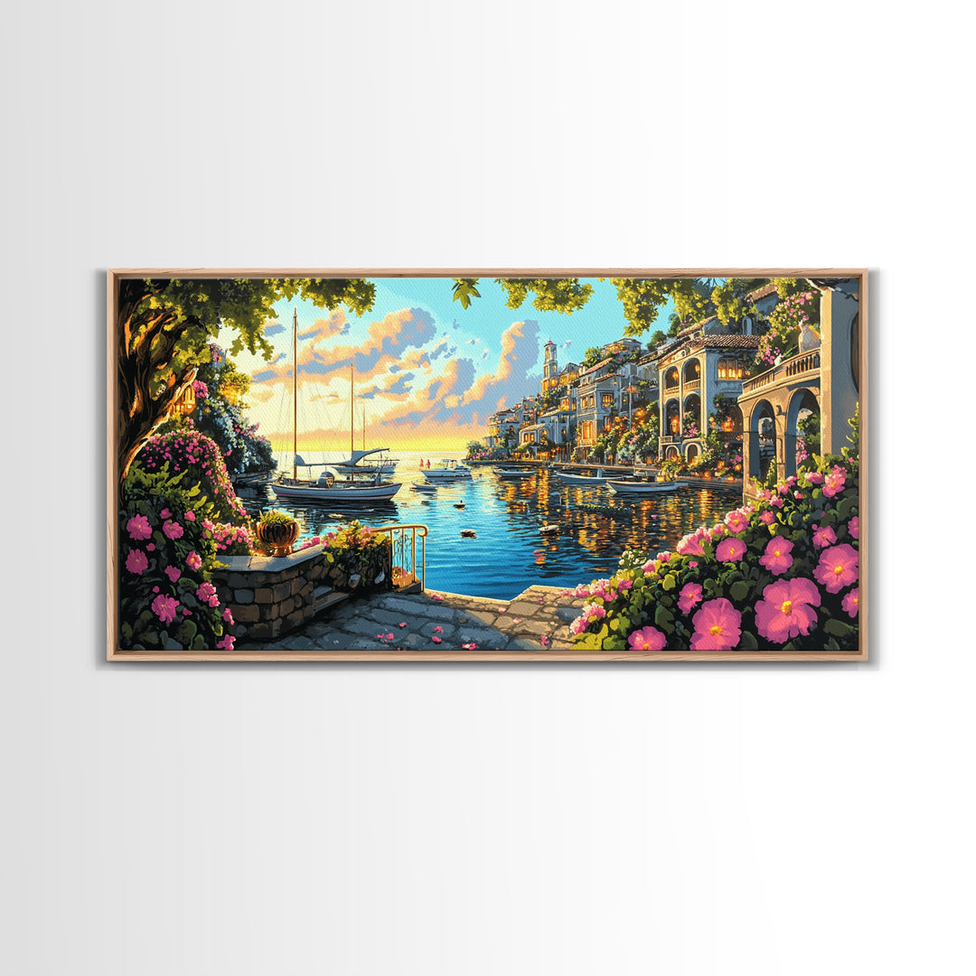 Flower Filled Mediterranean Marina At Sunset Canvas Print, Coastal Wall Art, Italy Decor, Canal Village Landscape Print Gift