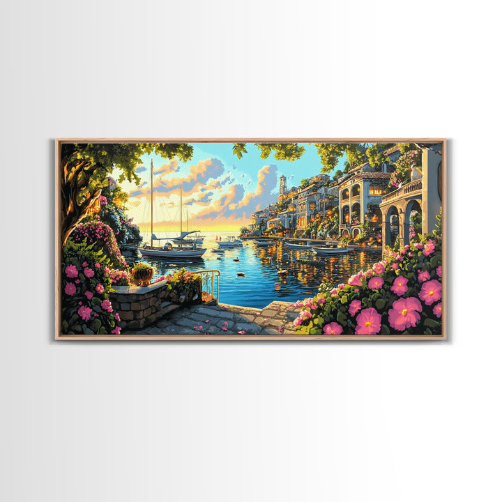 Flower Filled Mediterranean Marina At Sunset Canvas Print, Coastal Wall Art, Italy Decor, Canal Village Landscape Print Gift