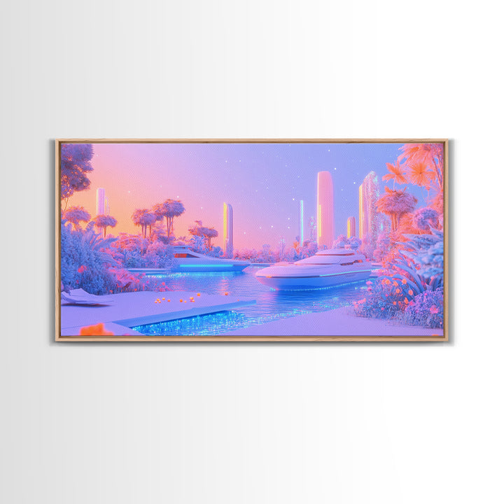 Pastel Futuristic Yacht Canal With Pink Palms Canvas Print, Sci Fi Wall Art, Vaporwave Decor, Dreamy Coastal Poster For Bedroom