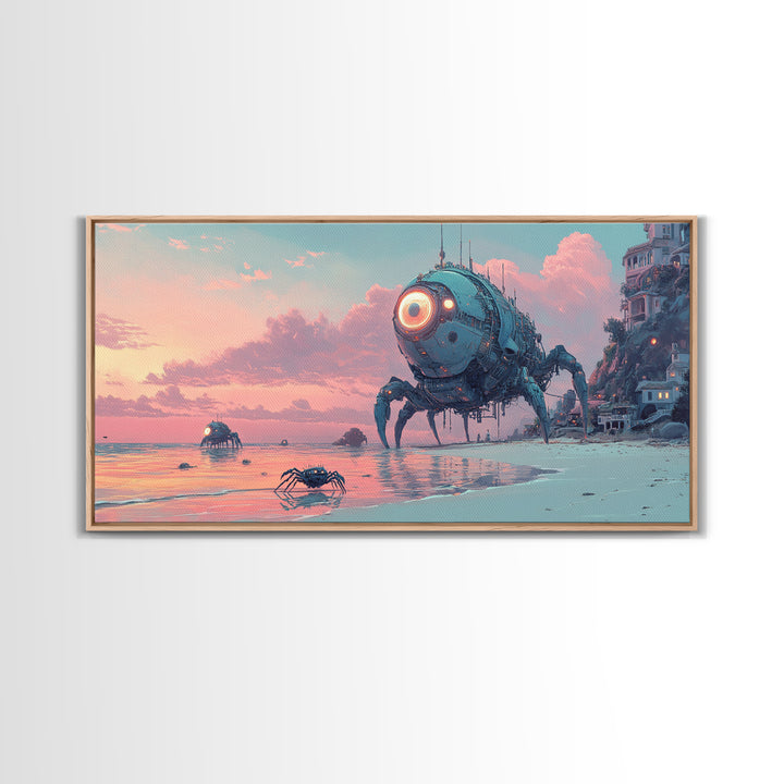Robot Crab Beach Sunset Wall Art, Sci Fi Coastal Canvas, Futuristic Ocean Decor, Cyberpunk Seascape Print, Gamer Gift For Him