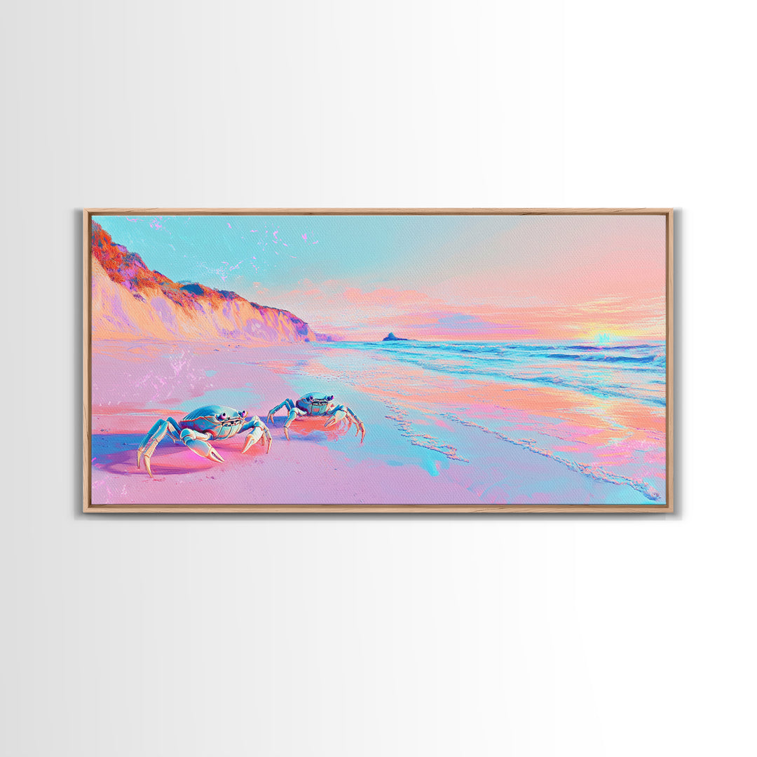 Pastel Crabs On Pink Beach Canvas Print, Coastal Wall Decor, Ocean Sunset Art, Tropical Nursery Decor, Beach House Gift For Her