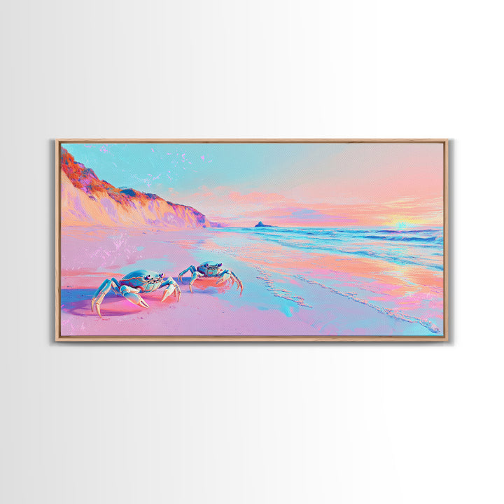 Pastel Crabs On Pink Beach Canvas Print, Coastal Wall Decor, Ocean Sunset Art, Tropical Nursery Decor, Beach House Gift For Her