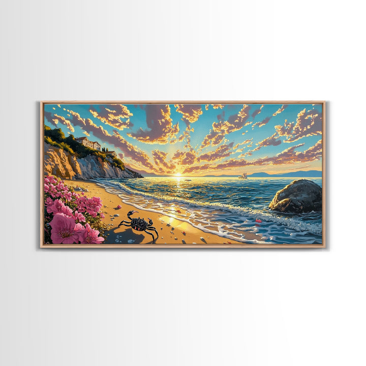 Golden Coastal Sunset With Crab Wall Art, Mediterranean Beach House Decor, Ocean Seascape Print, Living Room Canvas Art Gift
