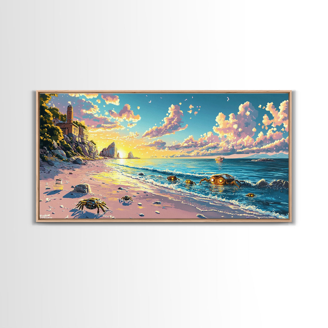 Sunlit Lighthouse Cove And Robot Crab Canvas Print, Coastal Sci Fi Wall Decor, Ocean Beach Art, Futuristic Nautical Gift