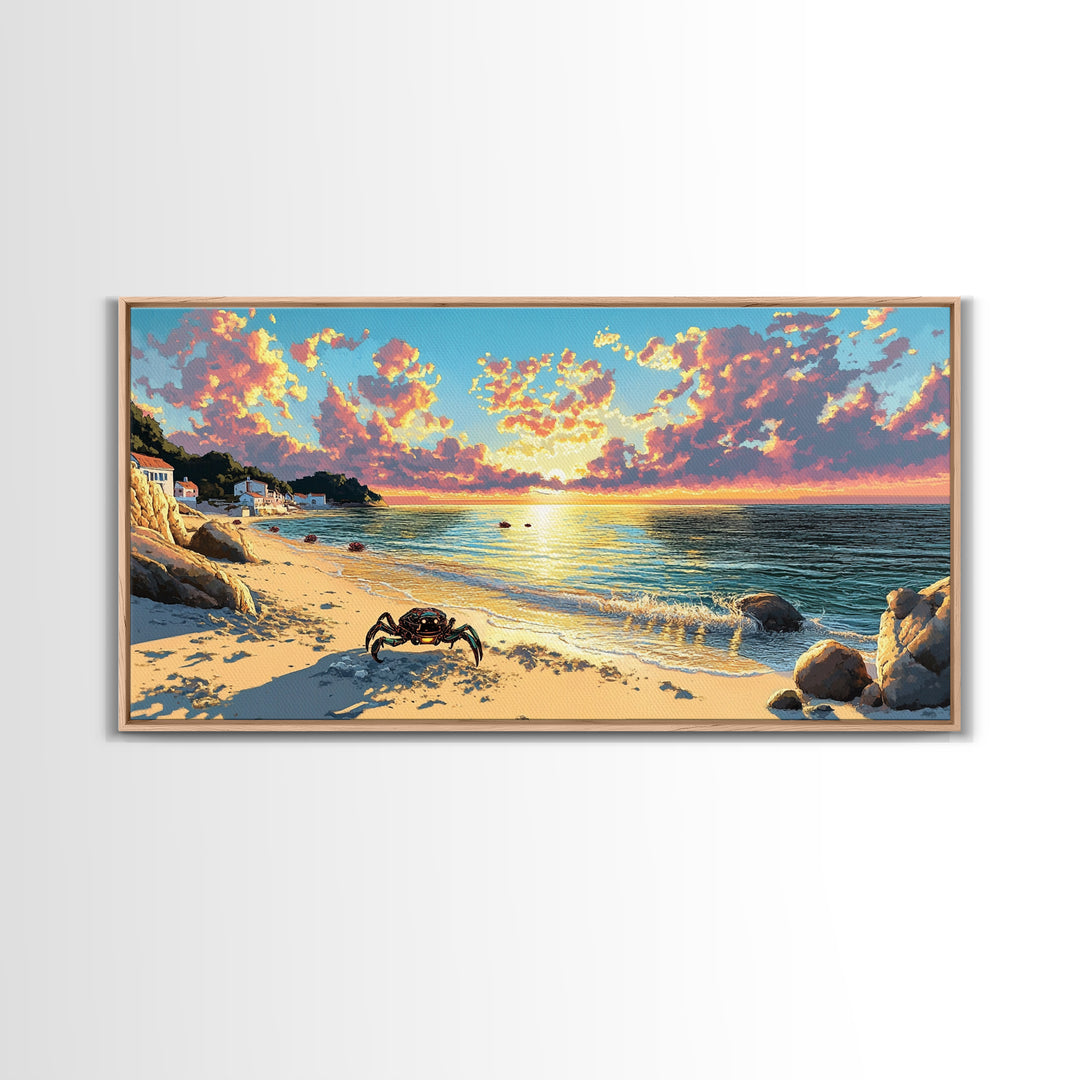 Crab On Golden Beach At Sunset Wall Art, Coastal Seascape Print, Ocean House Decor, Tropical Living Room Canvas Gift For Her