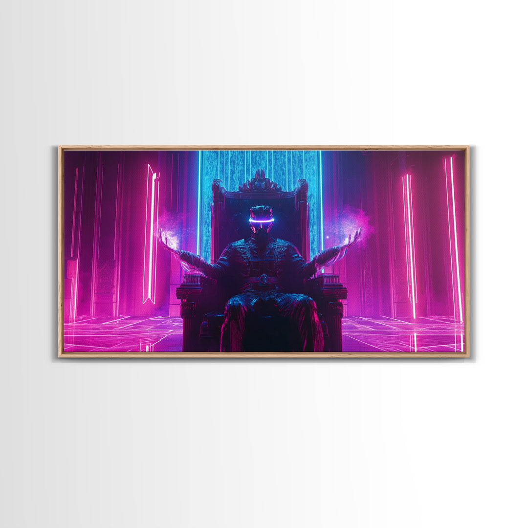 Neon Cyberpunk King On Throne Framed Canvas Print, Futuristic Wall Art, Sci Fi Gaming Room Decor, Dark Fantasy Gift For Him