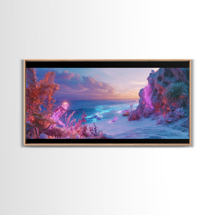 Neon Fantasy Beach With Glowing Coral Canvas Print, Tropical Ocean Wall Art, Cyberpunk Coastal Decor, Ethereal Seascape Print