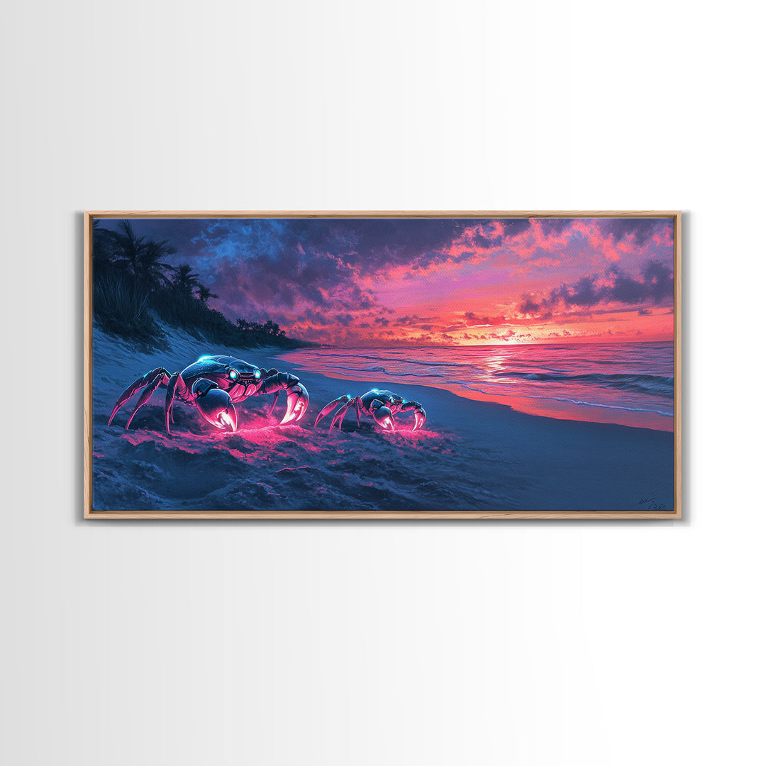 Glowing Neon Crabs On Twilight Beach Canvas Print, Cyberpunk Ocean Wall Art, Tropical Coastal Decor, Sci Fi Seascape Gift