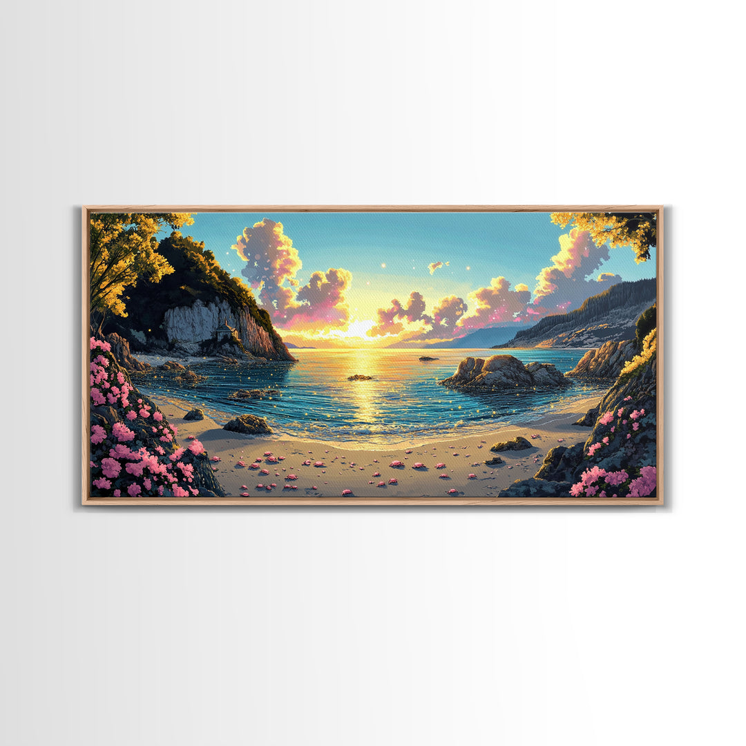 Mountain Cove Sunset With Pink Flowers Wall Art, Coastal Lake Canvas Print, Nature Landscape Decor, Serene Beach House Gift