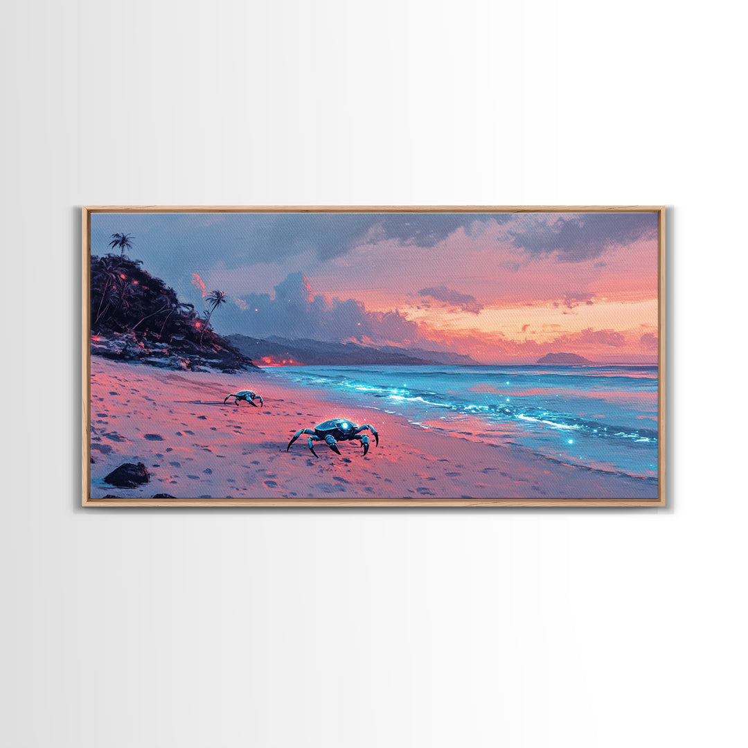 Bioluminescent Crab Beach At Pink Sunset Canvas Print, Coastal Wall Art, Ocean Decor, Beach House Gift, Fantasy Seascape